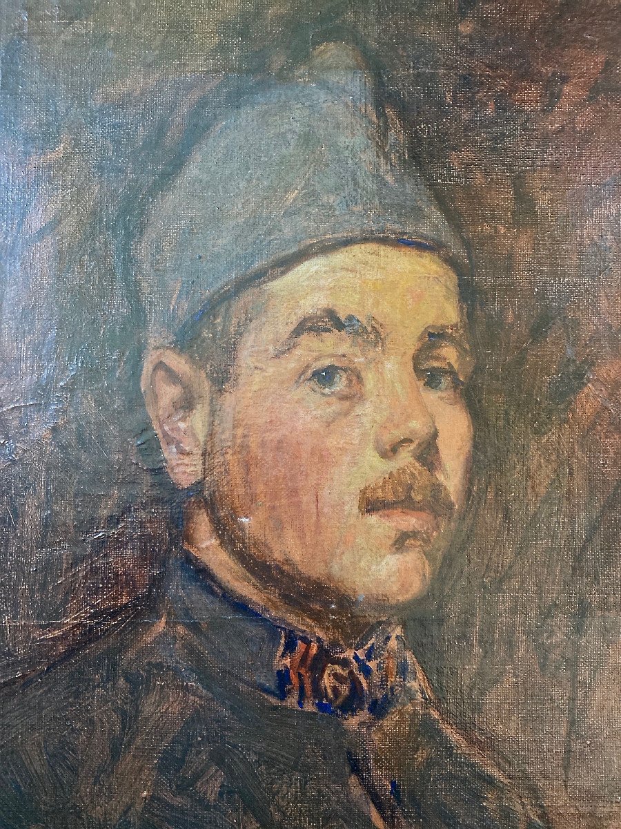 Oil On Canvas Portrait Of A Poilus Cavalry Regiment Signed, Dedicated And Dated 1916-photo-3