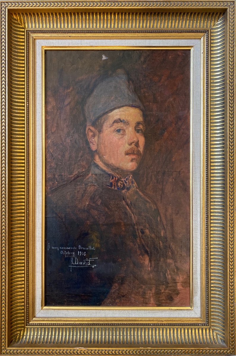 Oil On Canvas Portrait Of A Poilus Cavalry Regiment Signed, Dedicated And Dated 1916