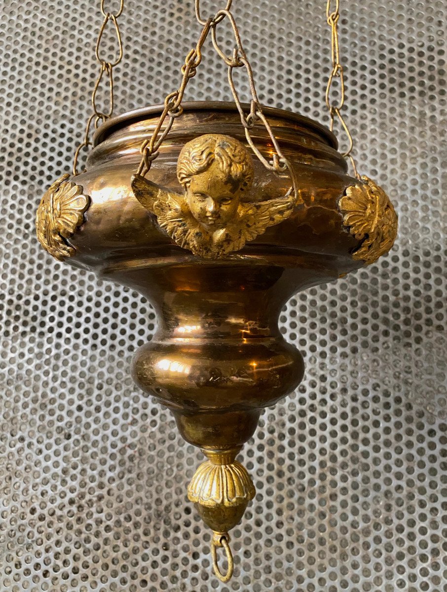 Lanterne d'église en laiton à Décor d'Angelots époque XIXe-photo-4