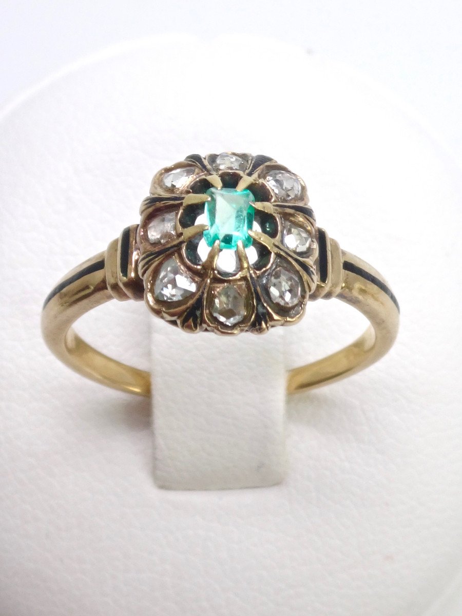 Pompadour Ring In 18k Gold Set With Rose-cut Diamonds And An Emerald From The 19th Century T53 -photo-2