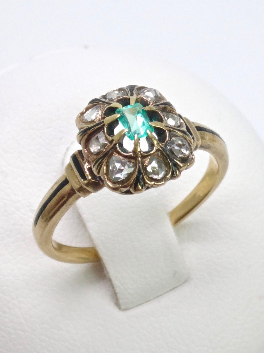 Pompadour Ring In 18k Gold Set With Rose-cut Diamonds And An Emerald From The 19th Century T53 -photo-3