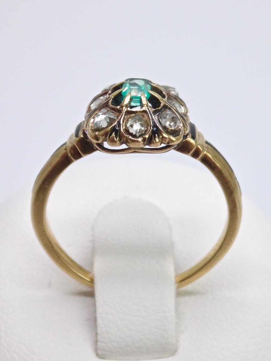 Pompadour Ring In 18k Gold Set With Rose-cut Diamonds And An Emerald From The 19th Century T53 -photo-4