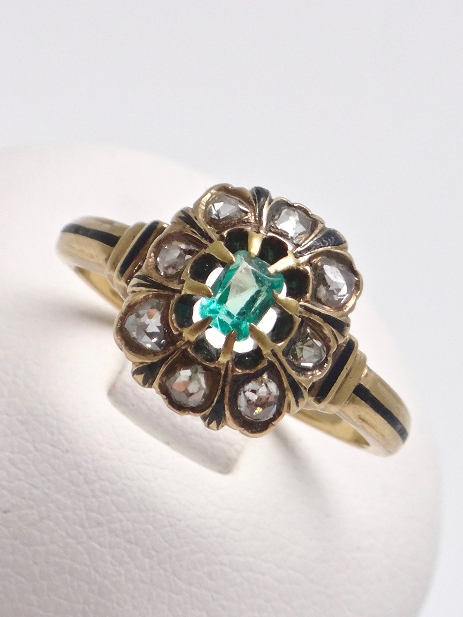 Pompadour Ring In 18k Gold Set With Rose-cut Diamonds And An Emerald From The 19th Century T53 -photo-1