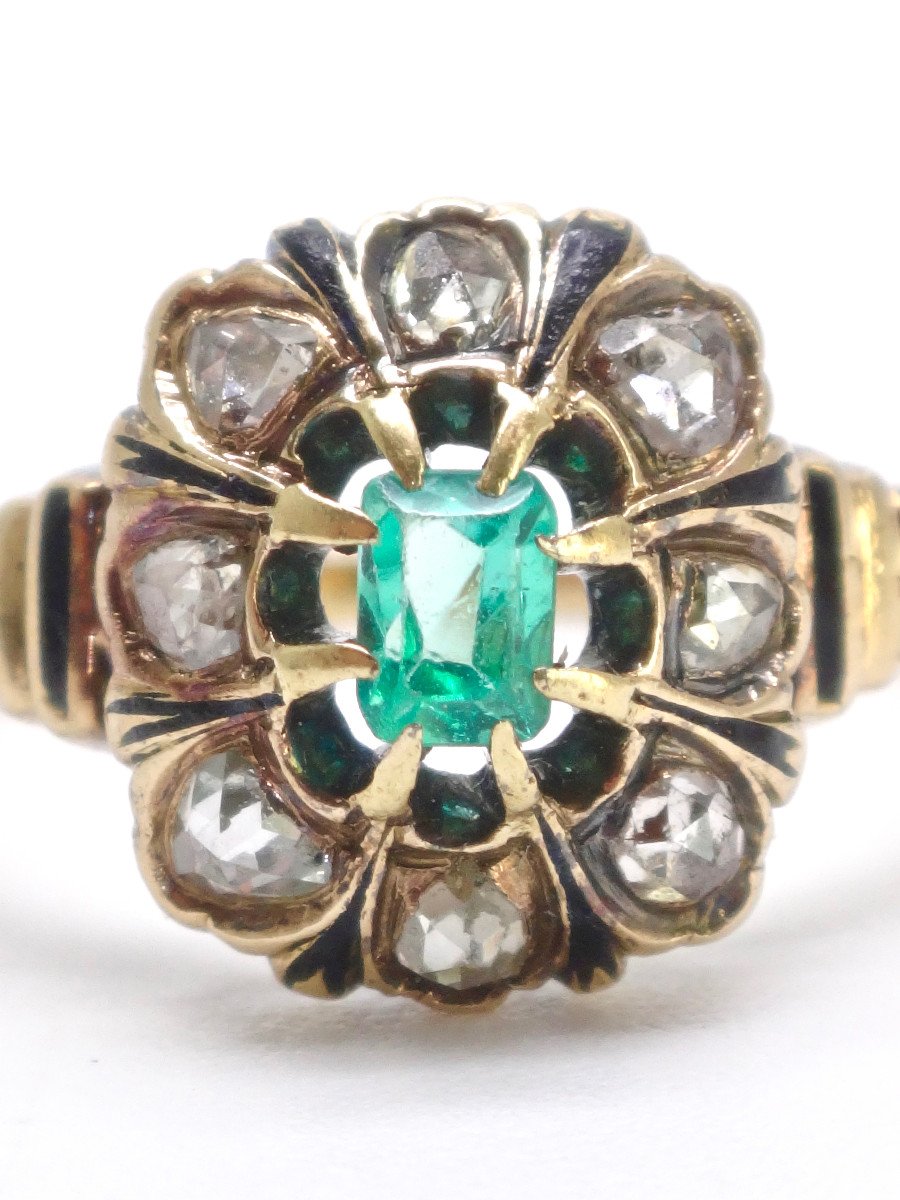 Pompadour Ring In 18k Gold Set With Rose-cut Diamonds And An Emerald From The 19th Century T53 -photo-2