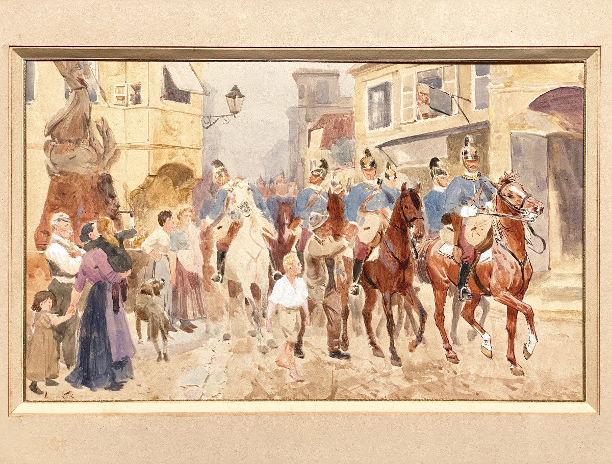 Ludwig KOCH (1866-1934) Aquarelle scène de militaires à cheval -photo-2