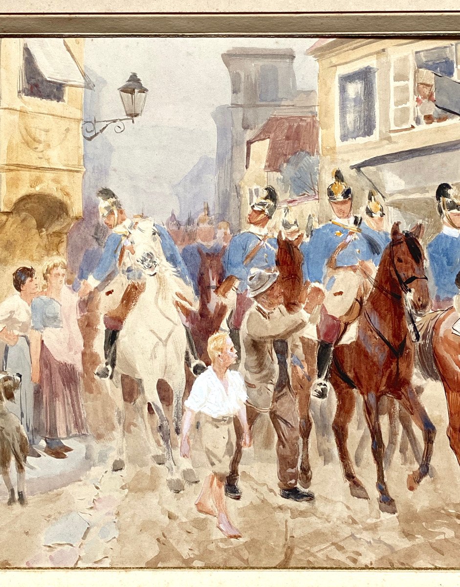 Ludwig KOCH (1866-1934) Aquarelle scène de militaires à cheval -photo-1