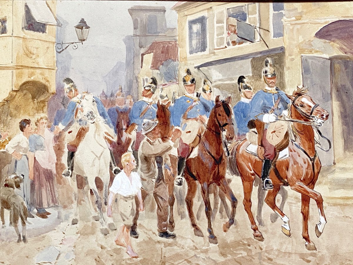 Ludwig KOCH (1866-1934) Aquarelle scène de militaires à cheval -photo-2