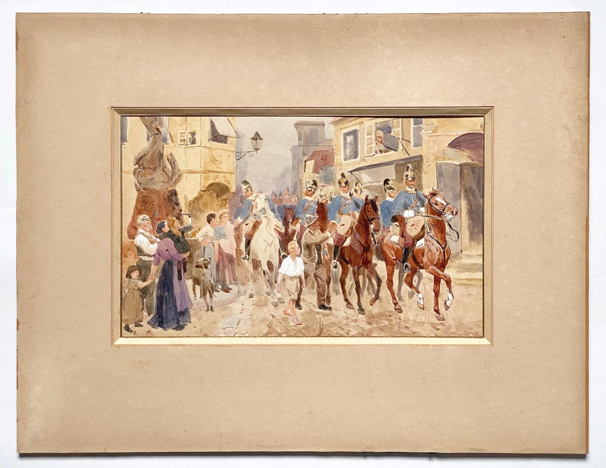 Ludwig KOCH (1866-1934) Aquarelle scène de militaires à cheval 