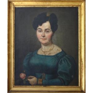 Huile sur toile Portrait d'une Femme de qualité en Bijoux époque XIXe