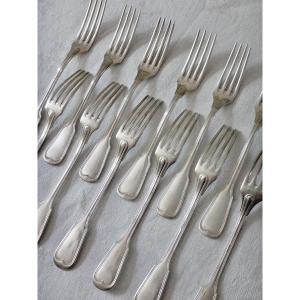 Set Of 12 Solid Silver Dessert Forks With Filets 19th Century