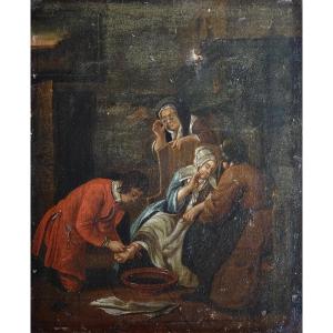 Huile sur toile scène de genre " saignée " époque fin XVIIIe à restaurer 