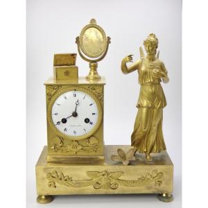 Miniature Gilt Bronze Clock “psyche With The Broken Mirror” Empire Period Early 19th Century