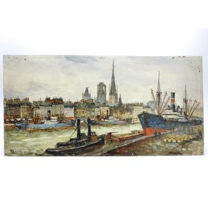 FRANK WILL (1900-1951) Huile sur bois " Le port de Rouen "