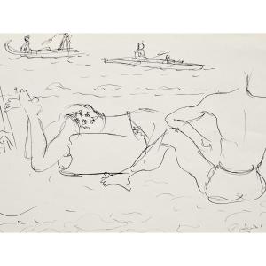 Raoul Dufy (1877-1953) — Bathers At Le Canet — Original Indian Ink Drawing, July 30, 1942
