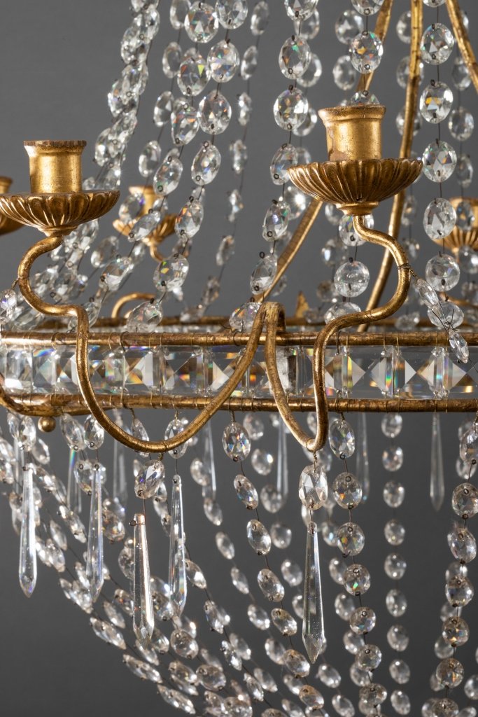 Very Large Italian Chandelier In Gilded Iron And Crystals 18th Century-photo-2