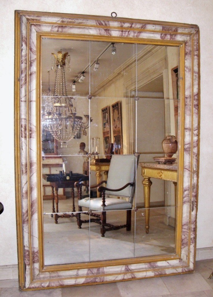 Très Grand Miroir En Bois Peint Faux Marbre, Italie 17ème