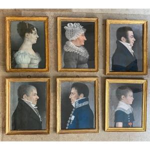 Series Of Profile Portraits. 19th Century Pastel Drawings