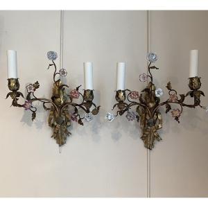 Pair Of Gilt Tole Sconces With  Porcelain Flowers , Late 19th Century