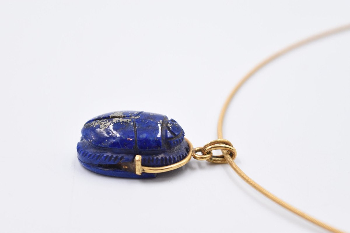18 K Gold Necklace Beetle In Stone Blue Lapis Lazuli Chain Type Cable Tubogas-photo-2