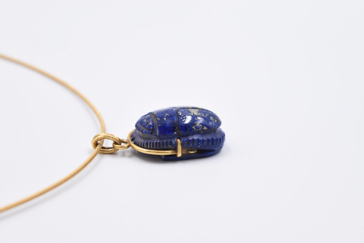18 K Gold Necklace Beetle In Stone Blue Lapis Lazuli Chain Type Cable Tubogas-photo-3