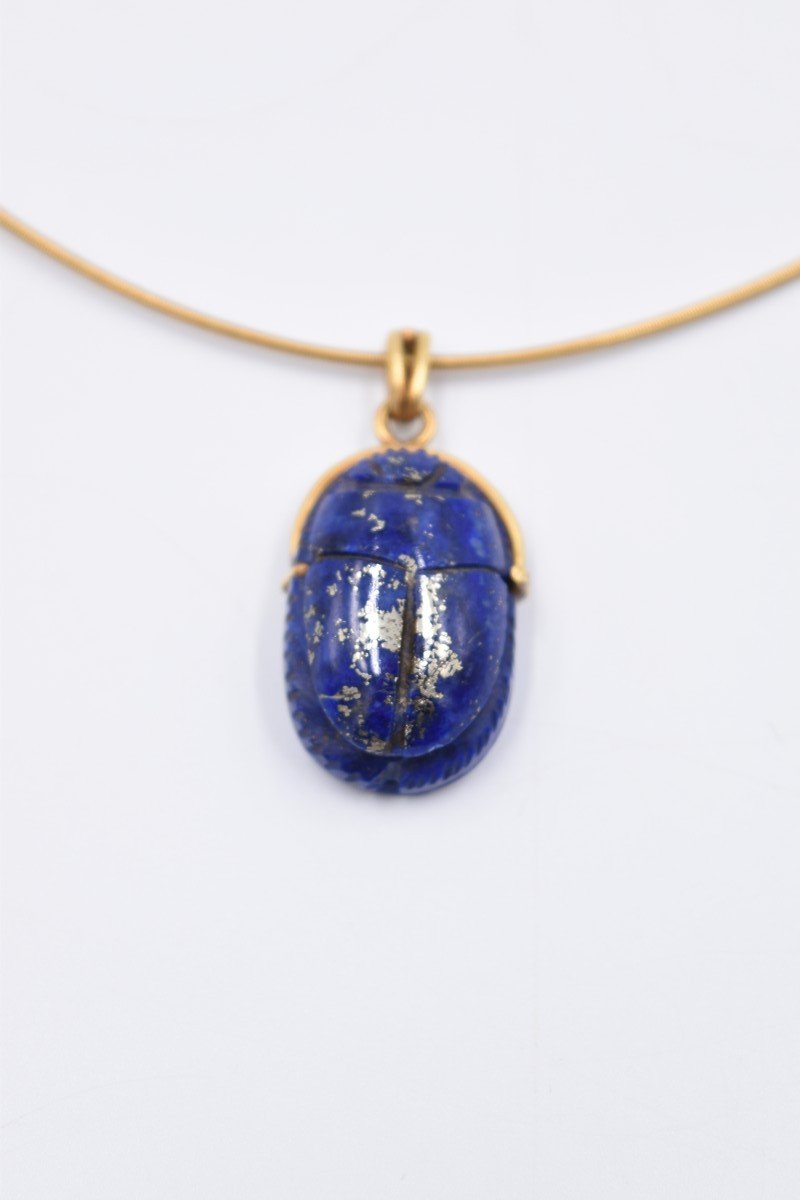 18 K Gold Necklace Beetle In Stone Blue Lapis Lazuli Chain Type Cable Tubogas-photo-4