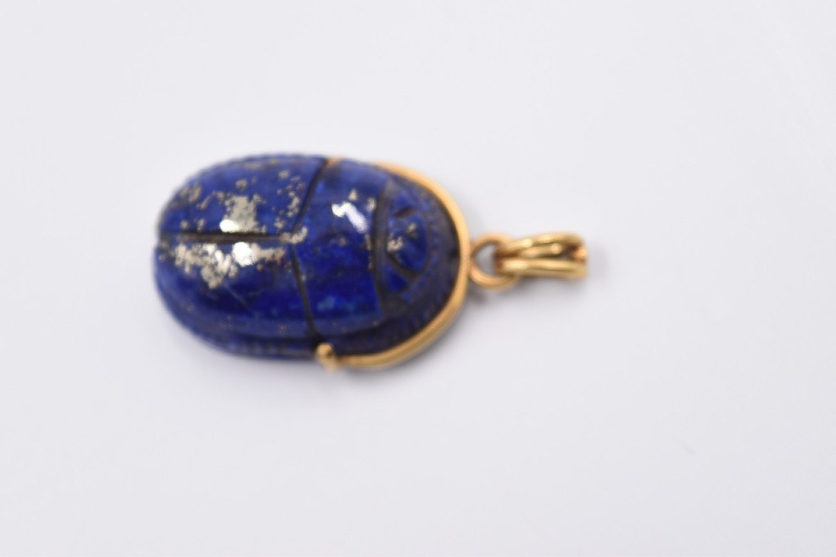 18 K Gold Necklace Beetle In Stone Blue Lapis Lazuli Chain Type Cable Tubogas-photo-5