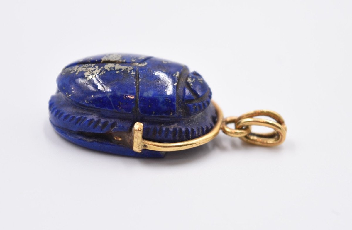 18 K Gold Necklace Beetle In Stone Blue Lapis Lazuli Chain Type Cable Tubogas-photo-6