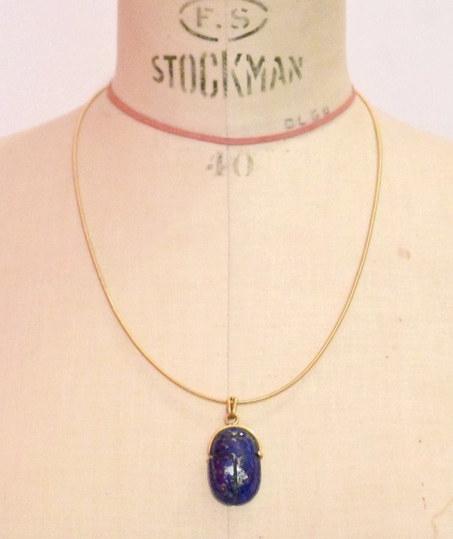 18 K Gold Necklace Beetle In Stone Blue Lapis Lazuli Chain Type Cable Tubogas-photo-8