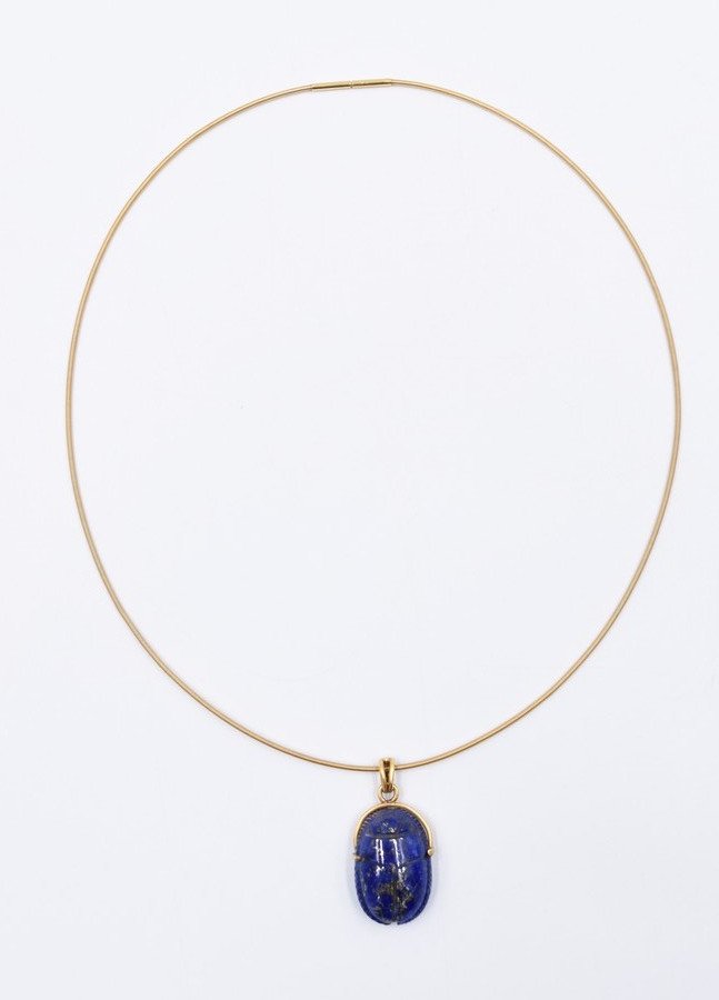 18 K Gold Necklace Beetle In Stone Blue Lapis Lazuli Chain Type Cable Tubogas