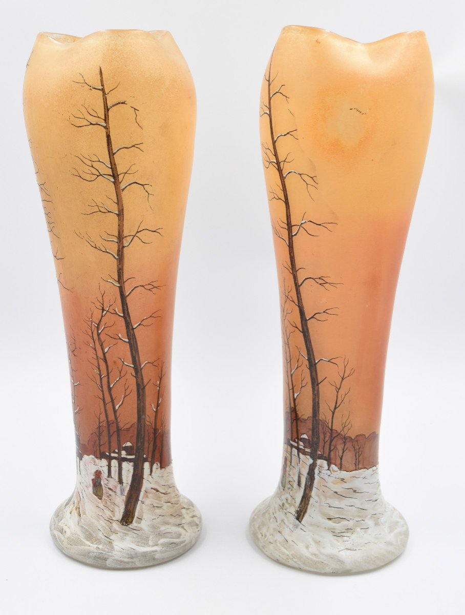 Large Pair Of Legras Vase Winter Decor Enamelled Art Nouveau H= 41.5 Cm-photo-2