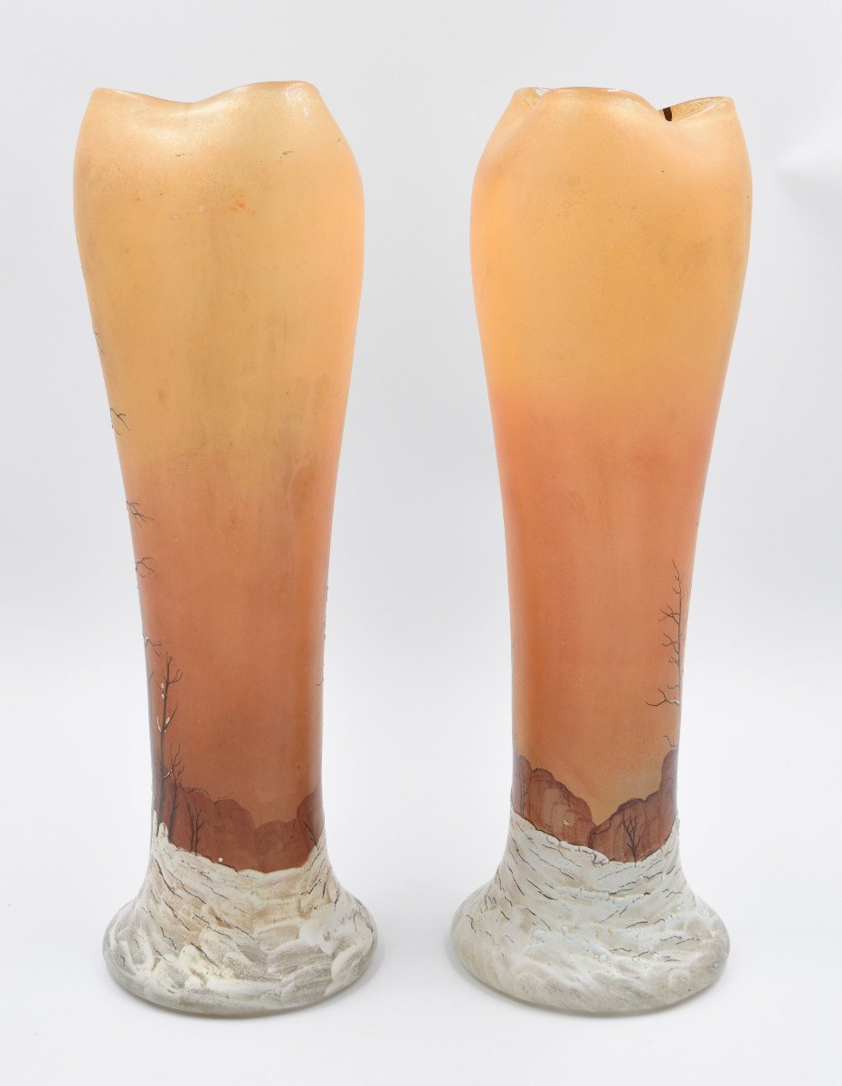 Large Pair Of Legras Vase Winter Decor Enamelled Art Nouveau H= 41.5 Cm-photo-3