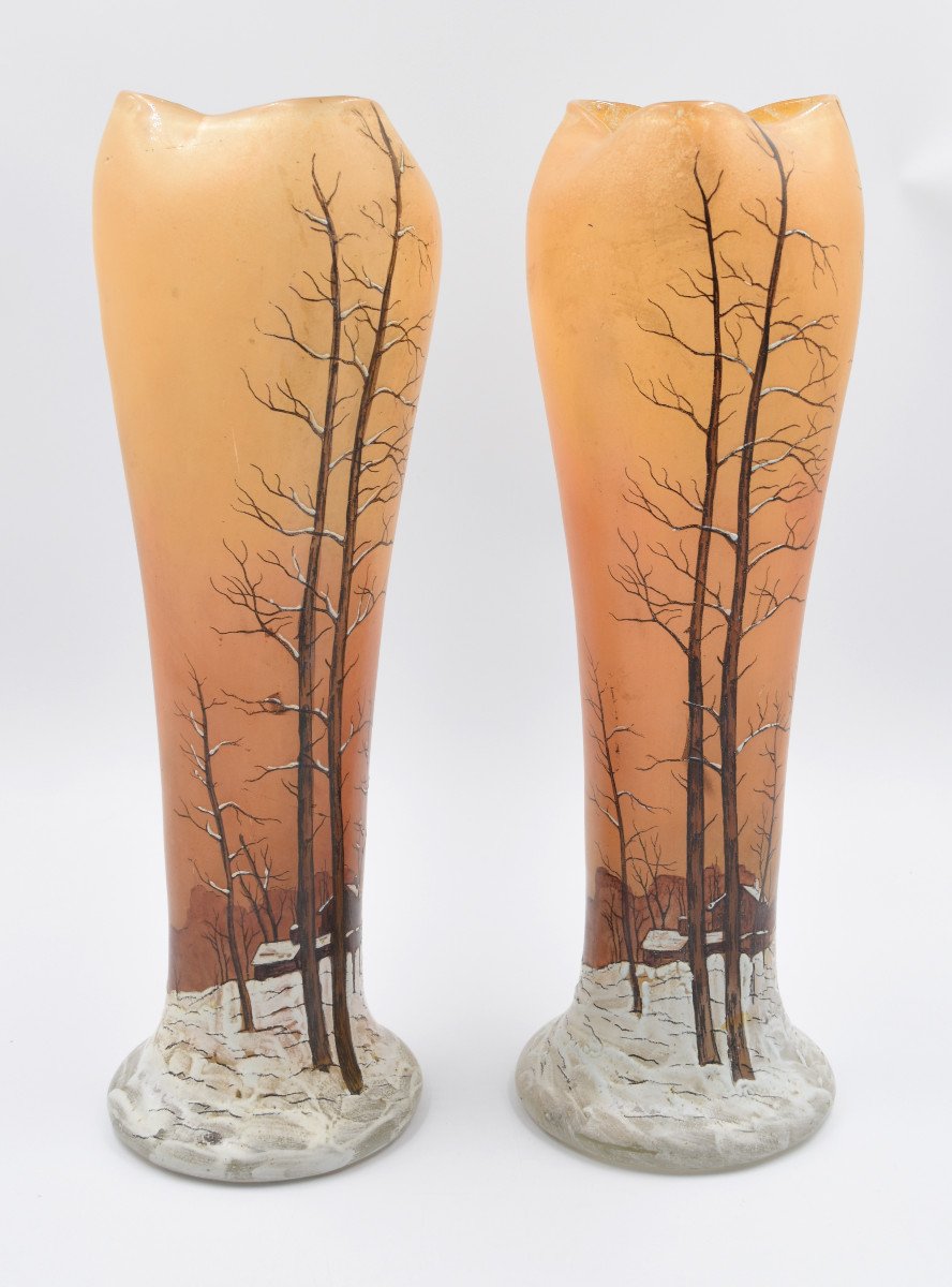 Large Pair Of Legras Vase Winter Decor Enamelled Art Nouveau H= 41.5 Cm-photo-4