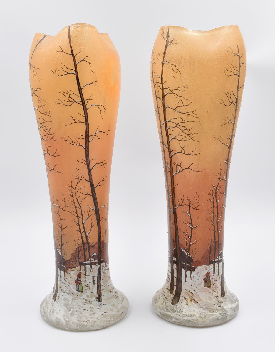 Large Pair Of Legras Vase Winter Decor Enamelled Art Nouveau H= 41.5 Cm-photo-4