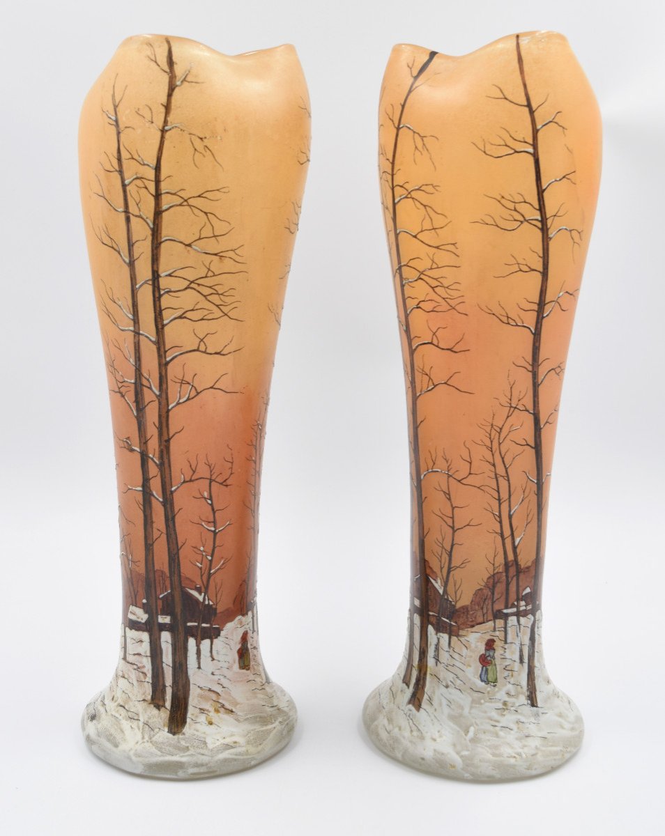 Large Pair Of Legras Vase Winter Decor Enamelled Art Nouveau H= 41.5 Cm