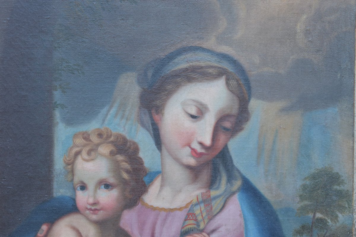 Tableau Religieux Vierge à l' Enfant Huile Sur Toile XVIII ème Italie-photo-2