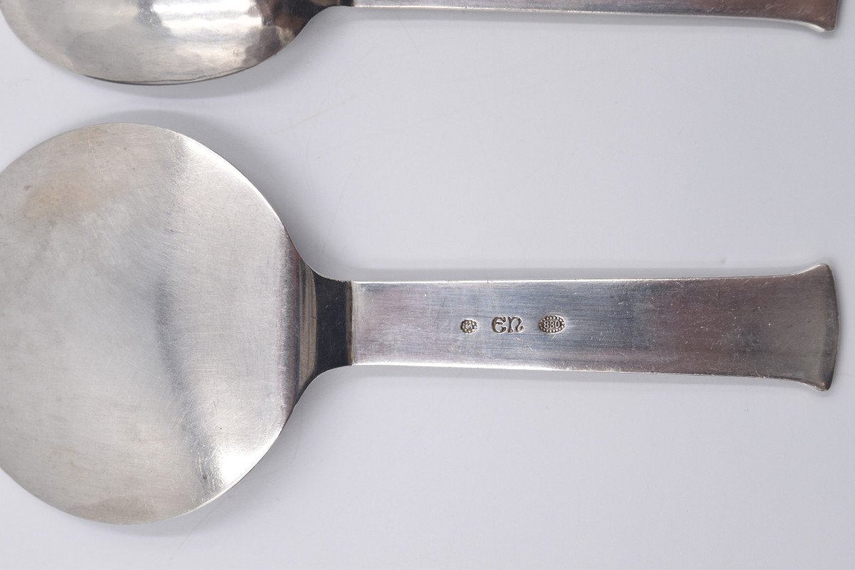 Evald Nielsen Denmark 2 Serving Spoons In Sterling Silver & 830 Sterling Silver-photo-4