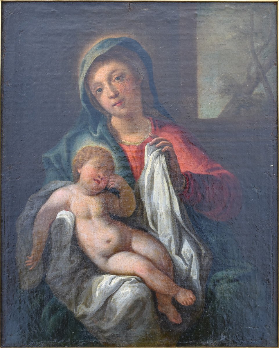Tableau Religieux Vierge à l' Enfant Huile Sur Toile XVIII ème Ecole Francaise-photo-2