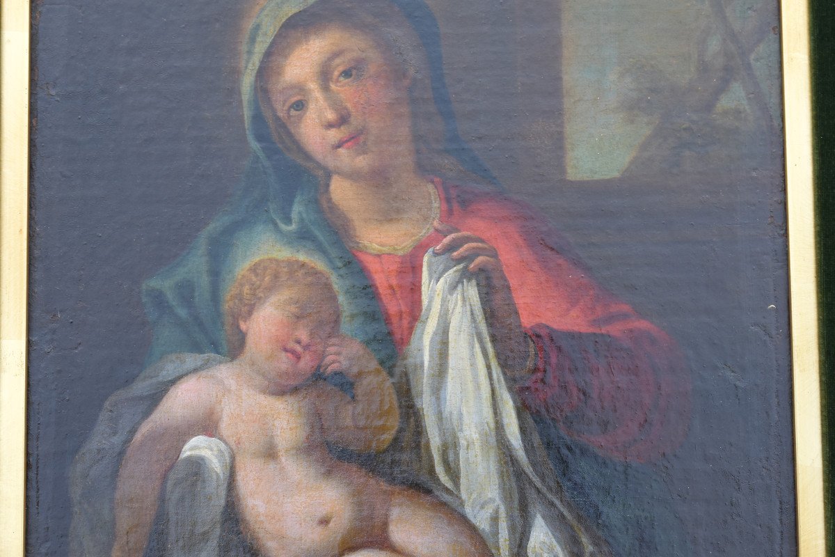 Tableau Religieux Vierge à l' Enfant Huile Sur Toile XVIII ème Ecole Francaise-photo-4