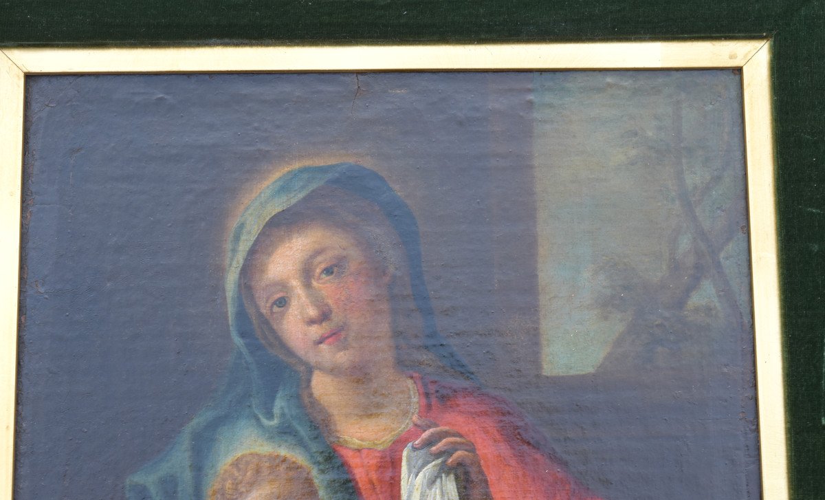 Tableau Religieux Vierge à l' Enfant Huile Sur Toile XVIII ème Ecole Francaise-photo-1