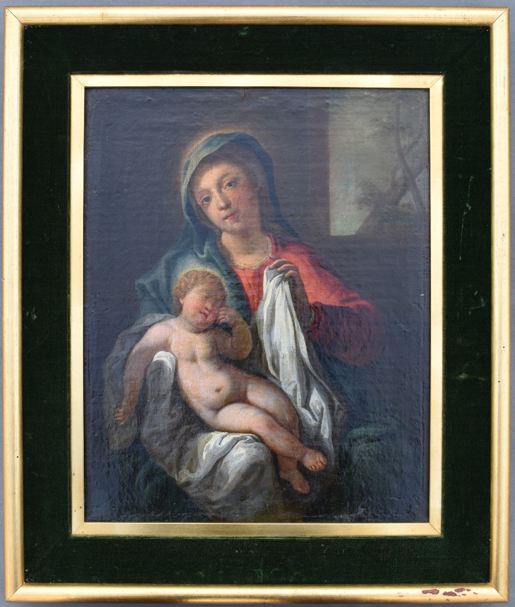 Tableau Religieux Vierge à l' Enfant Huile Sur Toile XVIII ème Ecole Francaise