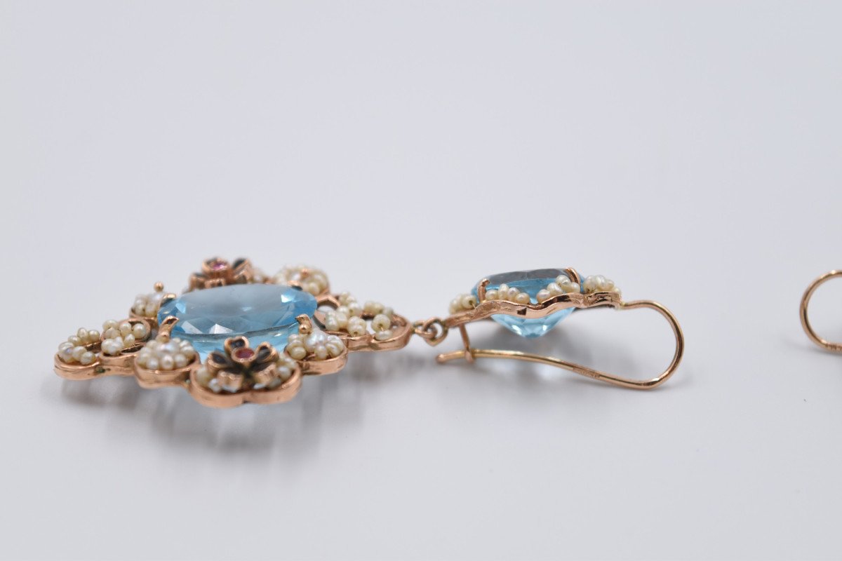 Paire De Boucles Pendantes Or 14 K Perles émail Et Pierres Bleu Italie-photo-4