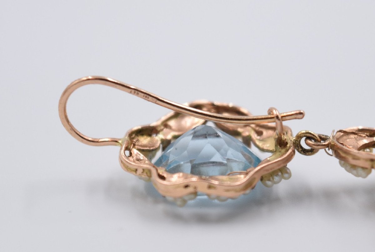 Paire De Boucles Pendantes Or 14 K Perles émail Et Pierres Bleu Italie-photo-7