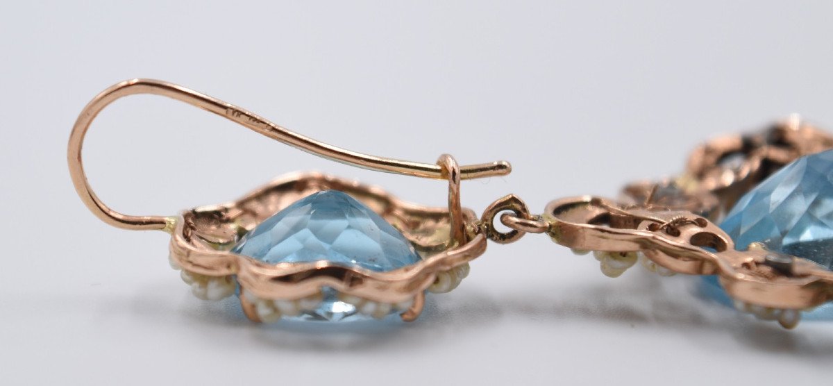 Paire De Boucles Pendantes Or 14 K Perles émail Et Pierres Bleu Italie-photo-8