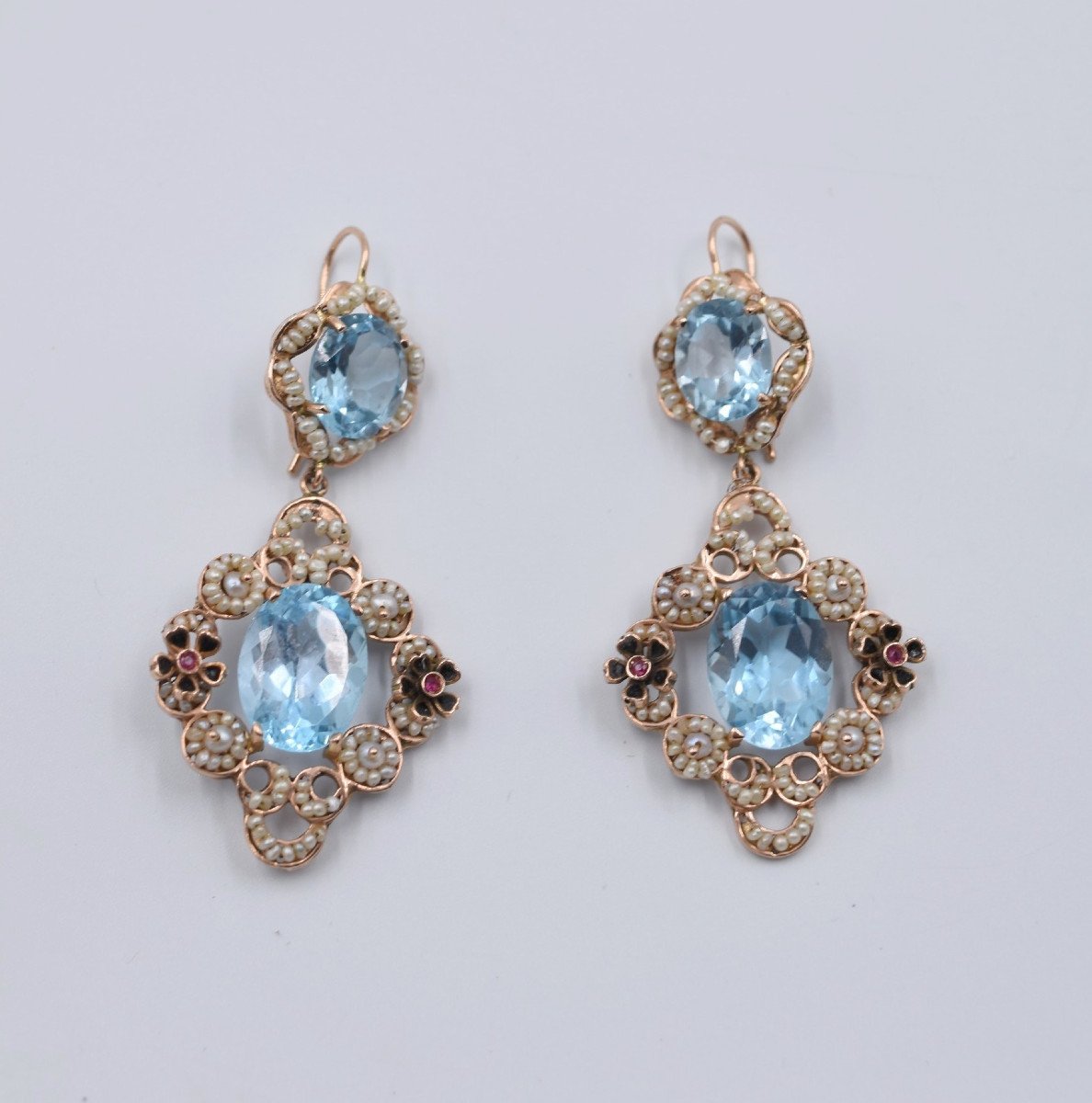 Paire De Boucles Pendantes Or 14 K Perles émail Et Pierres Bleu Italie