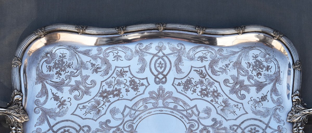 Large Rectangular Tray In Silver Metal Richly Decorated Debut XX Eme-photo-3