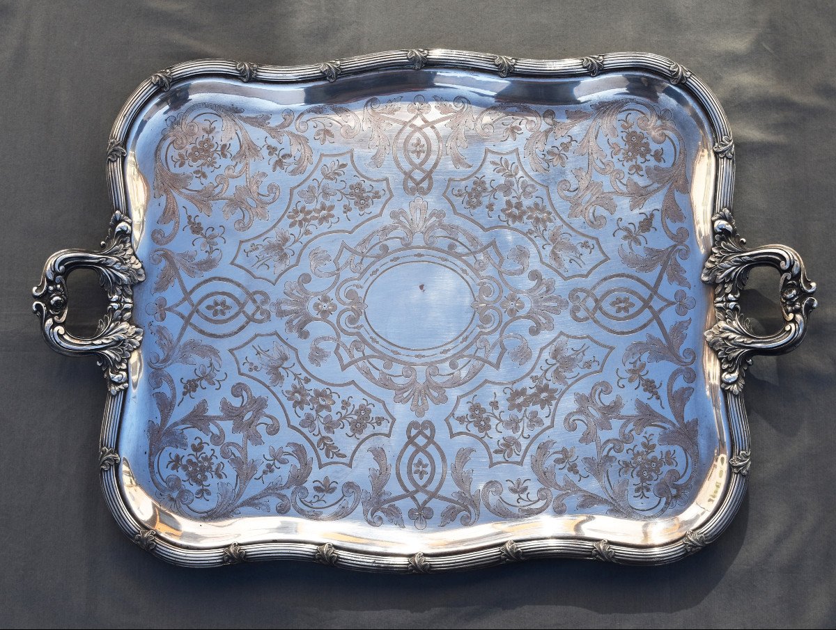 Large Rectangular Tray In Silver Metal Richly Decorated Debut XX Eme