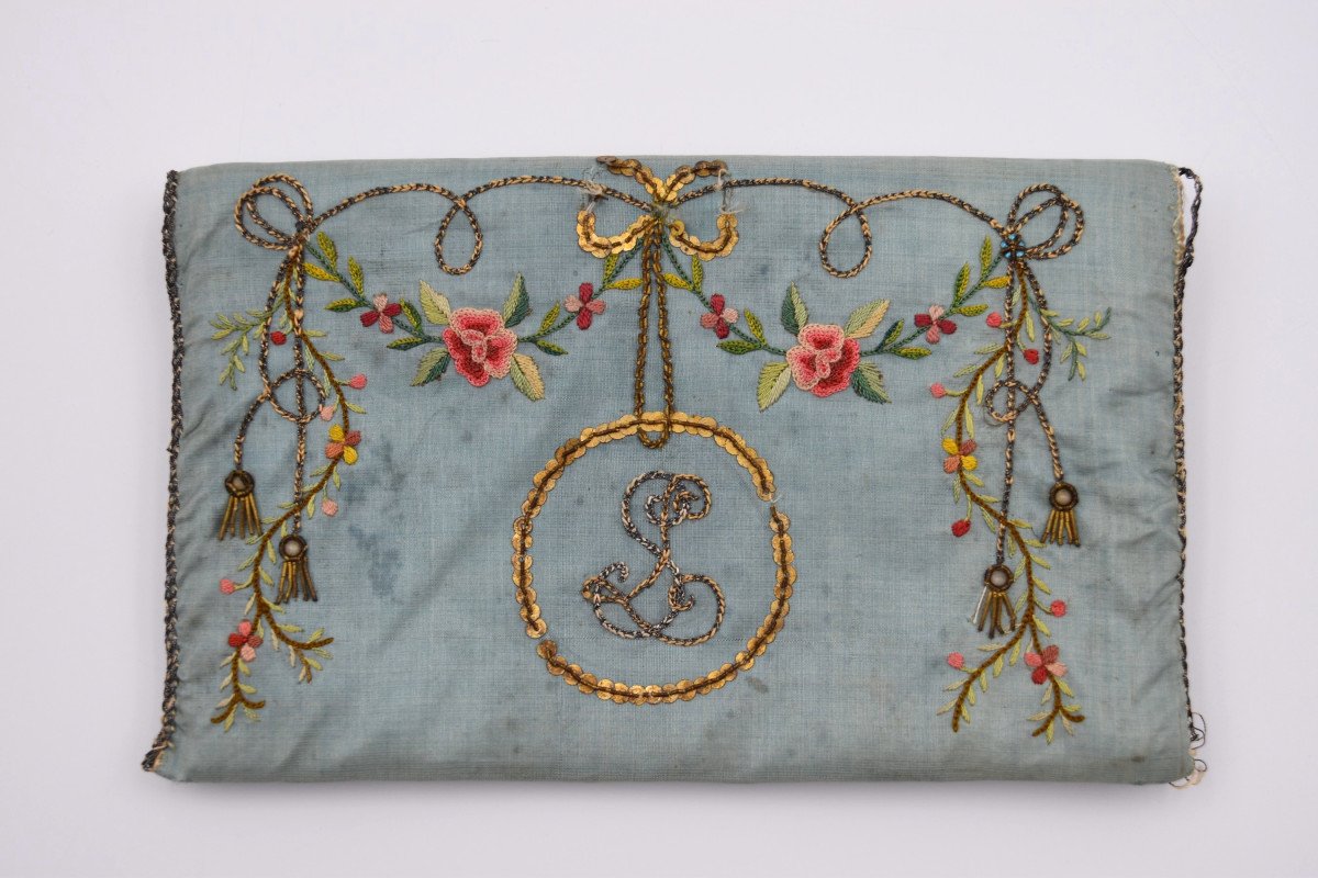 Embroidered Silk Pouch With Two Compartments Revolutionary Period 1789 1794-photo-2