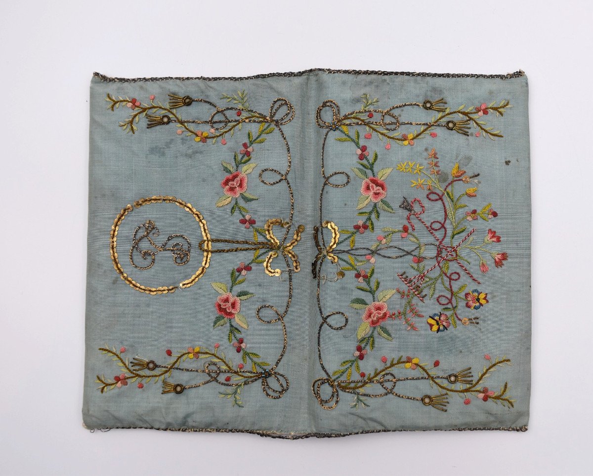 Embroidered Silk Pouch With Two Compartments Revolutionary Period 1789 1794-photo-3
