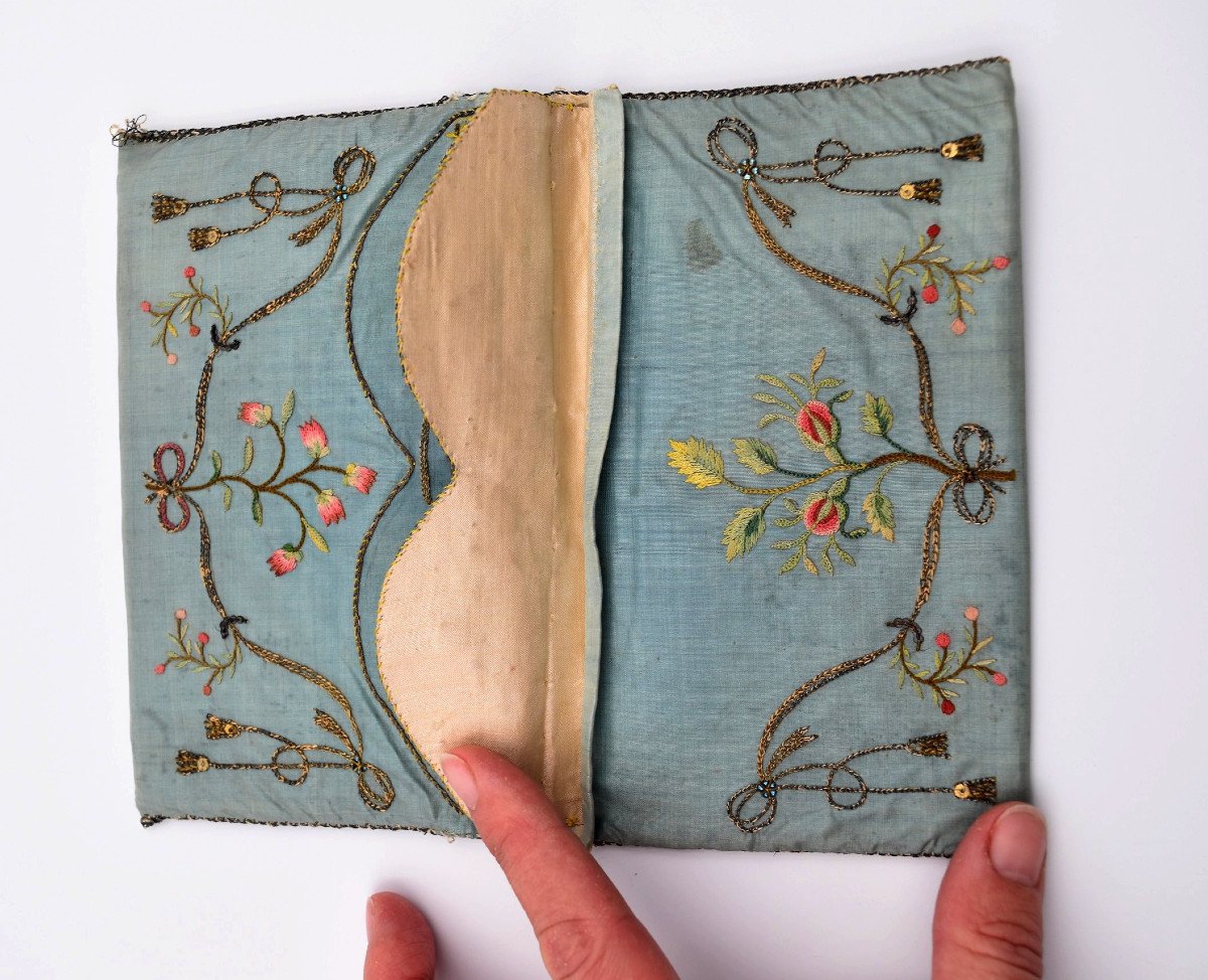 Embroidered Silk Pouch With Two Compartments Revolutionary Period 1789 1794-photo-5