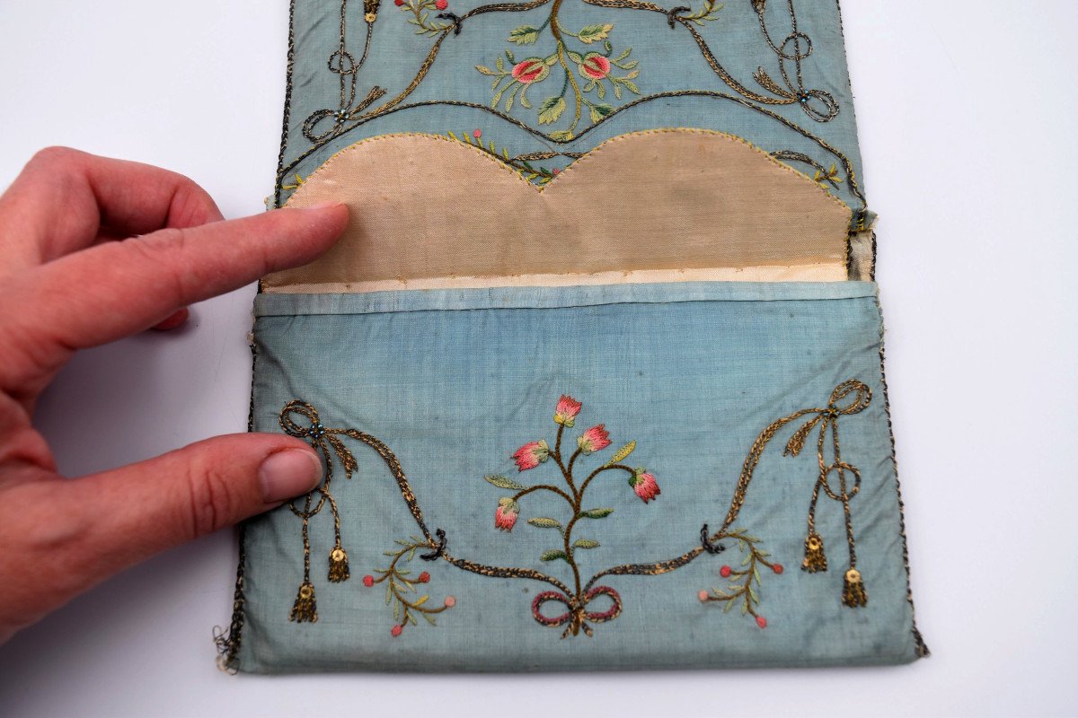 Embroidered Silk Pouch With Two Compartments Revolutionary Period 1789 1794-photo-6
